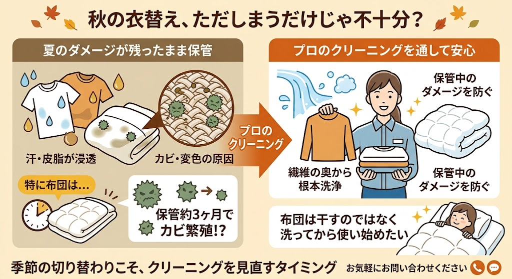 秋の衣替えでしまうだけだと不十分な理由とプロのクリーニングの効果を示した図