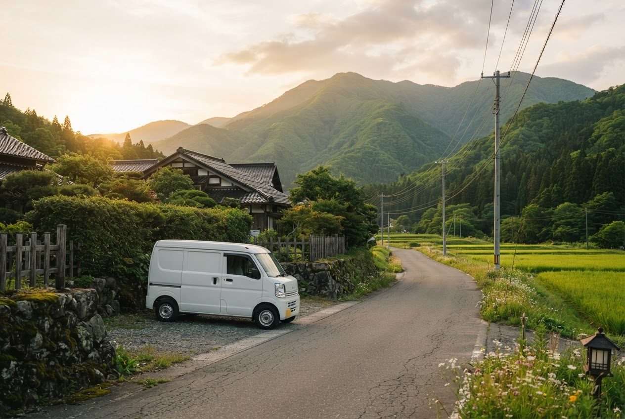 遠野の集落を走る集荷の配送車