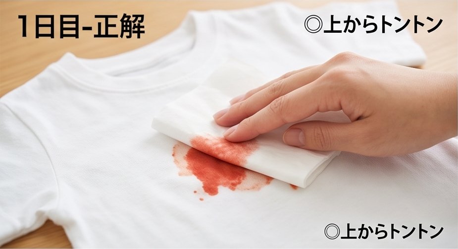 乾いたティッシュでシミを上から押さえている様子