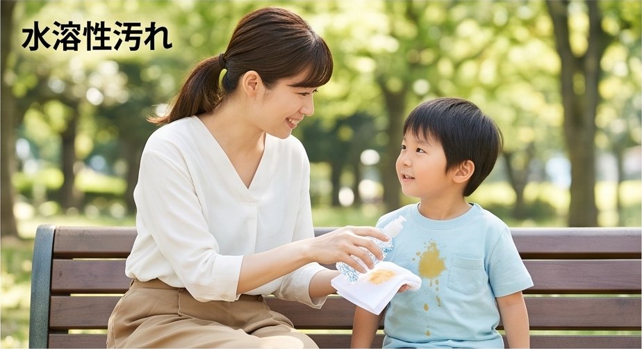 公園のベンチで子どもの服のシミを拭き取る母親