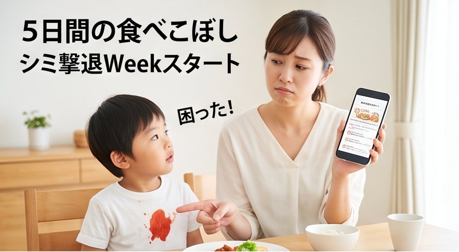 服についた食べこぼしシミを見つけた親子
